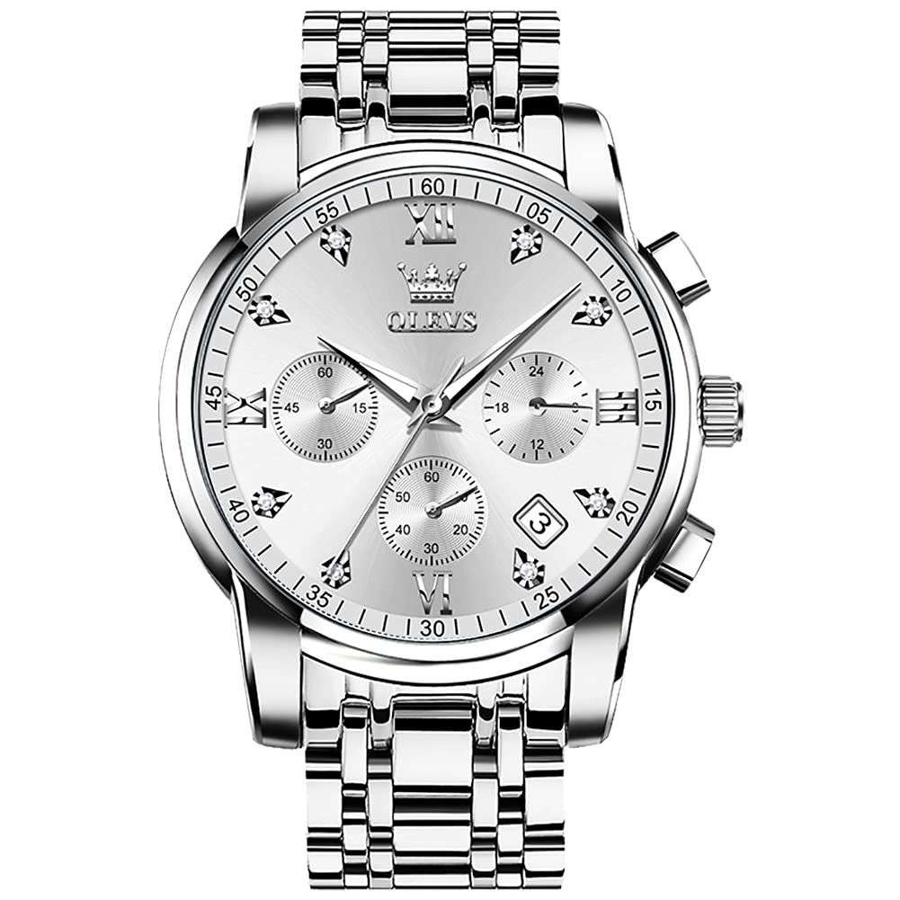 Reloj Olevs Luxury Con Bisel Plateado Y Cronógrafo De Diamantes Para Hombre - Venta Internacional.