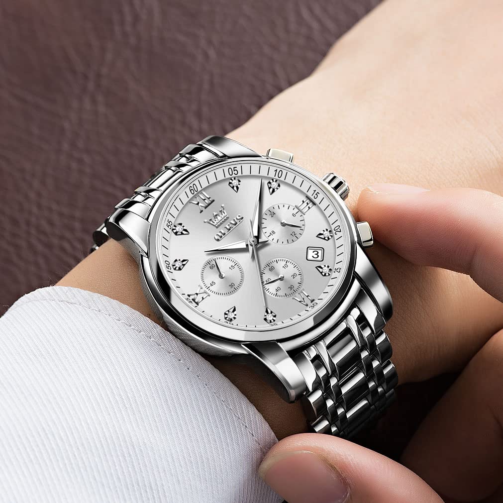 Foto 3 pulgar | Reloj Olevs Luxury Con Bisel Plateado Y Cronógrafo De Diamantes Para Hombre - Venta Internacional.