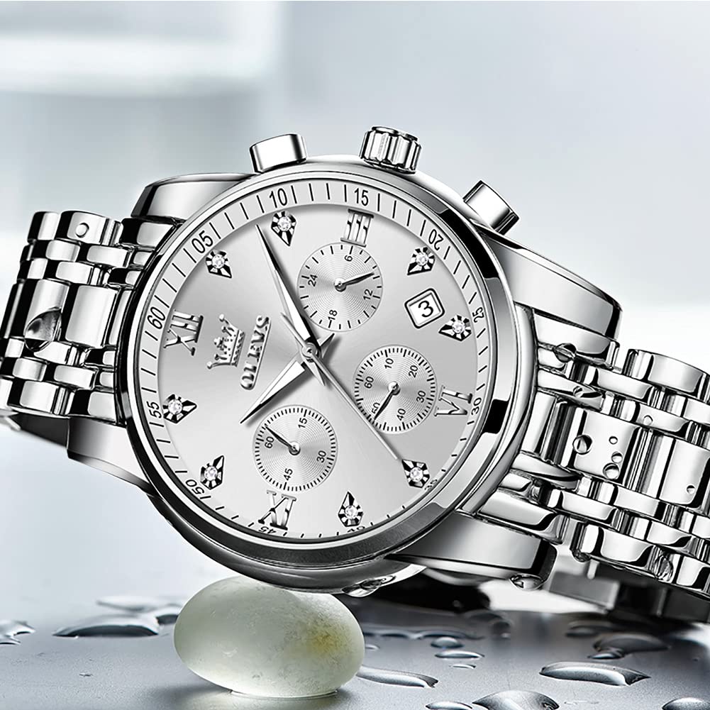 Foto 5 pulgar | Reloj Olevs Luxury Con Bisel Plateado Y Cronógrafo De Diamantes Para Hombre - Venta Internacional.