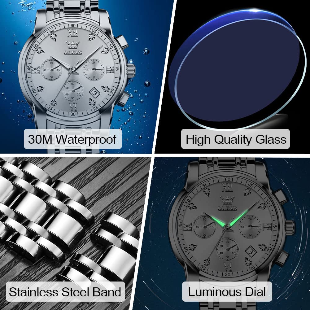 Foto 6 pulgar | Reloj Olevs Luxury Con Bisel Plateado Y Cronógrafo De Diamantes Para Hombre - Venta Internacional.