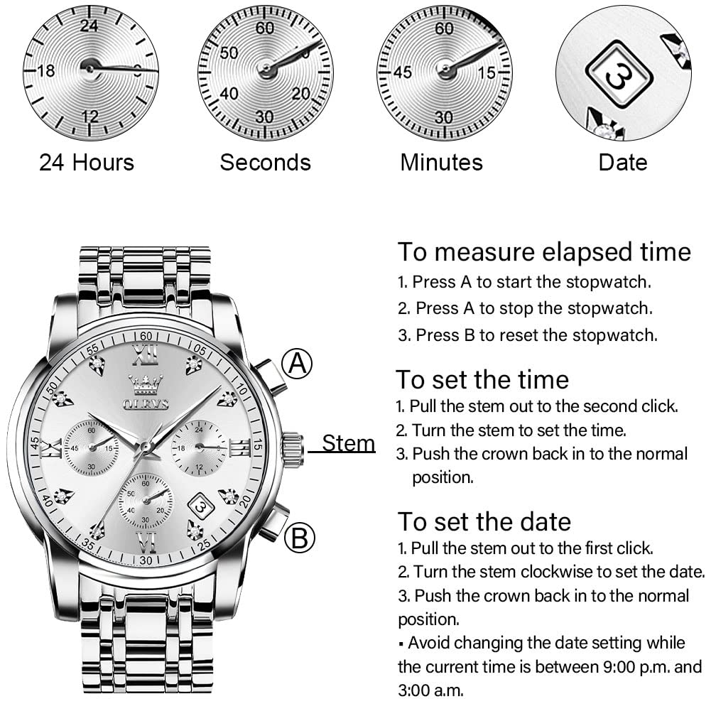 Foto 7 pulgar | Reloj Olevs Luxury Con Bisel Plateado Y Cronógrafo De Diamantes Para Hombre - Venta Internacional.