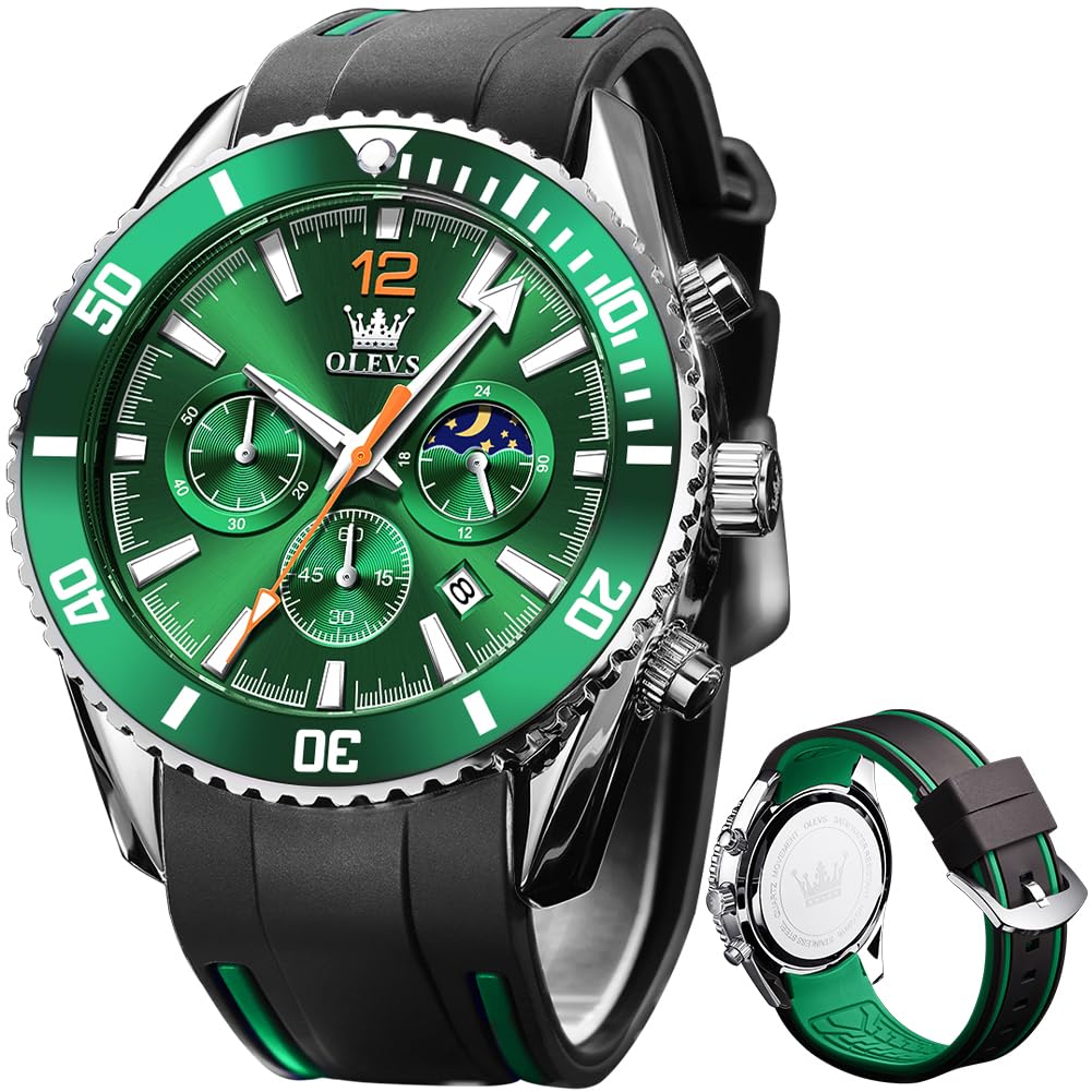 Reloj Olevs Green Moon Phase De Acero Inoxidable Para Hombre - Venta Internacional.