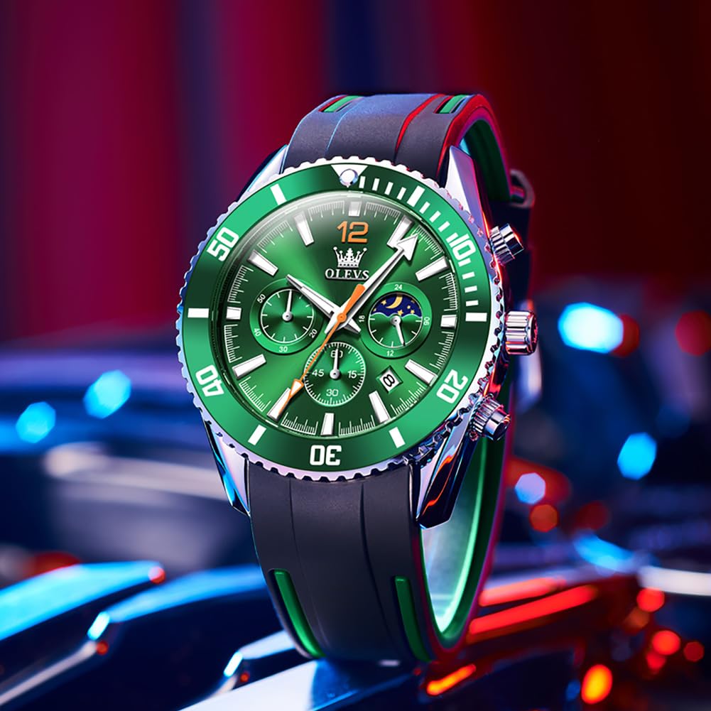 Foto 5 | Reloj Olevs Green Moon Phase De Acero Inoxidable Para Hombre - Venta Internacional.