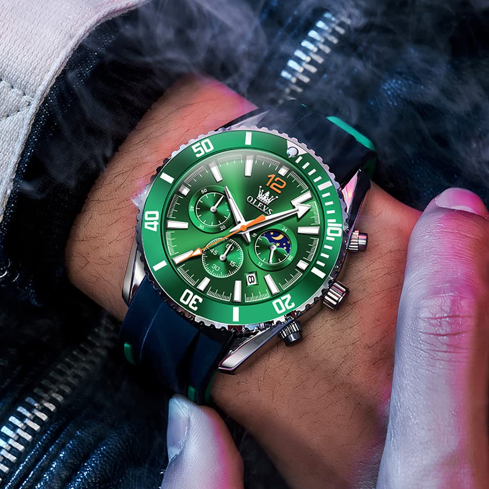 Foto 7 pulgar | Reloj Olevs Green Moon Phase De Acero Inoxidable Para Hombre - Venta Internacional.