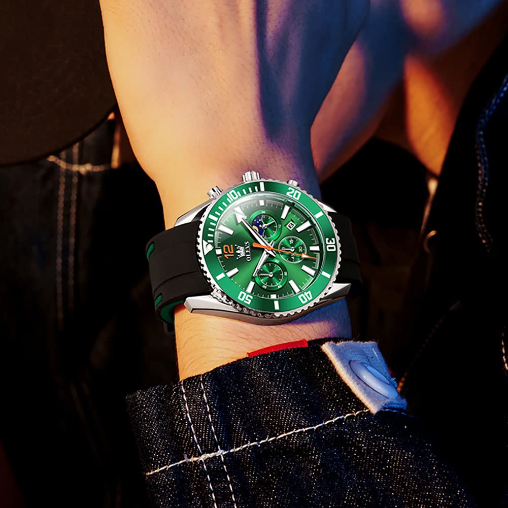 Foto 7 | Reloj Olevs Green Moon Phase De Acero Inoxidable Para Hombre - Venta Internacional.