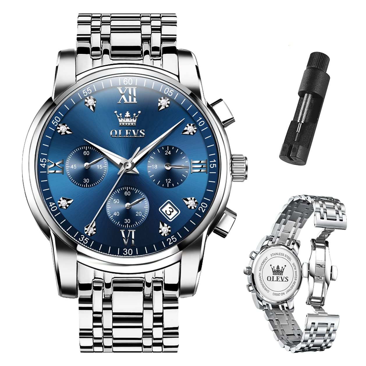 Reloj Olevs Blue Face Chronograph Impermeable Para Hombre - Venta Internacional.