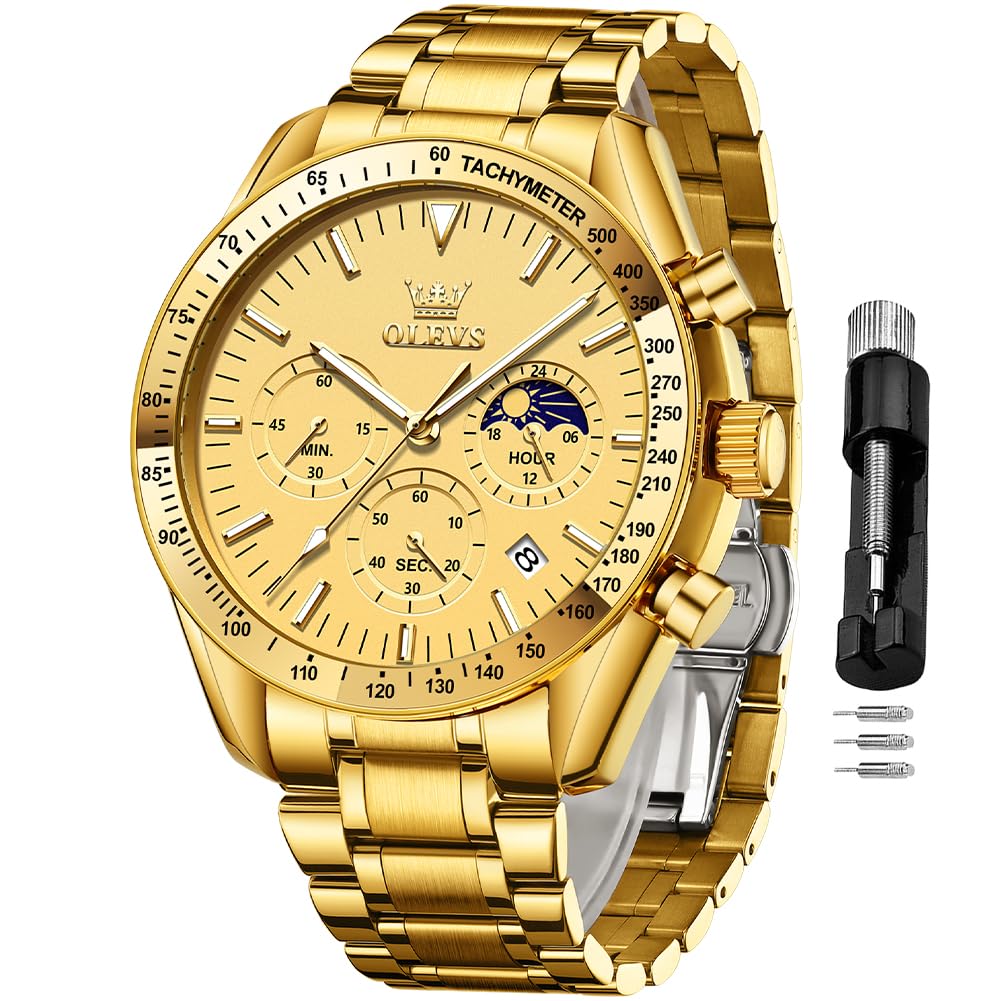 Reloj Olevs Para Hombre, Cronógrafo Dorado, Acero Inoxidable, Plateado - Venta Internacional.