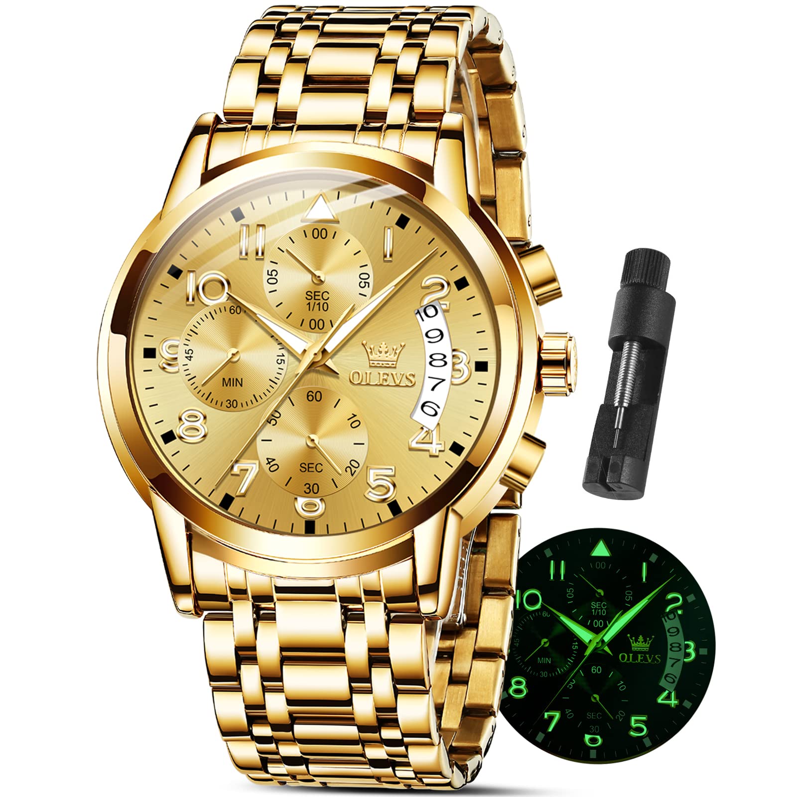 Reloj Olevs Para Hombre, Cronógrafo Dorado, Acero Inoxidable, 41 Mm - Venta Internacional.