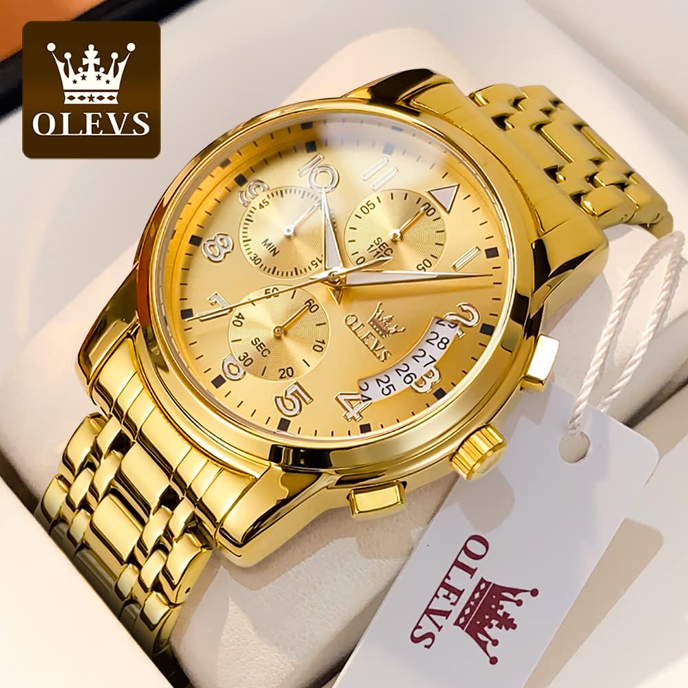 Foto 3 | Reloj Olevs Para Hombre, Cronógrafo Dorado, Acero Inoxidable, 41 Mm - Venta Internacional.