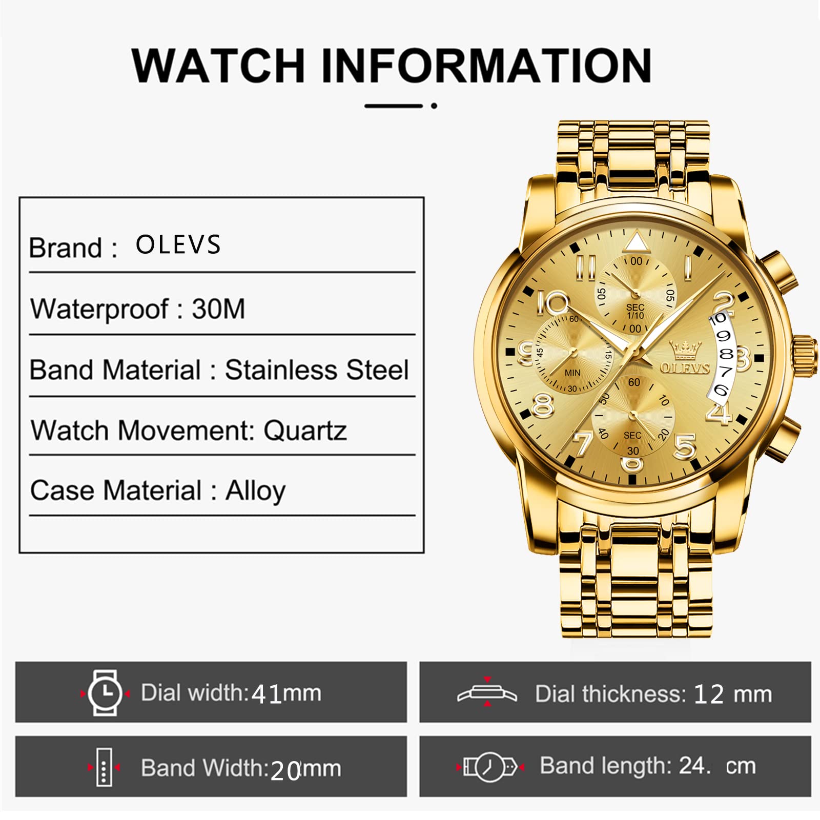 Foto 6 pulgar | Reloj Olevs Para Hombre, Cronógrafo Dorado, Acero Inoxidable, 41 Mm - Venta Internacional.