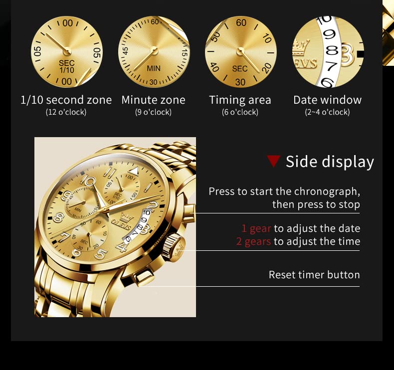 Foto 7 pulgar | Reloj Olevs Para Hombre, Cronógrafo Dorado, Acero Inoxidable, 41 Mm - Venta Internacional.