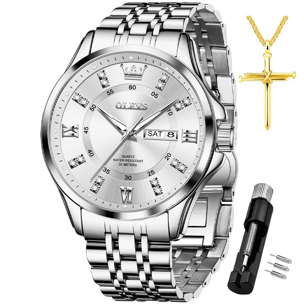 Reloj Olevs Para Hombre, Acero Inoxidable Plateado, Resistente Al Agua Con Diamante - Venta Internacional.