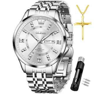 Foto 1 | Reloj Olevs Para Hombre, Acero Inoxidable Plateado, Resistente Al Agua Con Diamante - Venta Internacional.