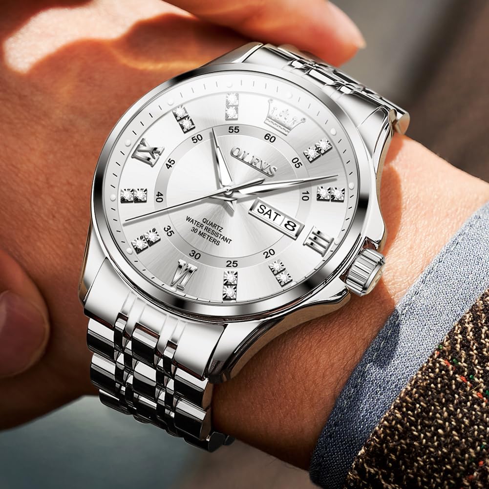 Foto 3 pulgar | Reloj Olevs Para Hombre, Acero Inoxidable Plateado, Resistente Al Agua Con Diamante - Venta Internacional.