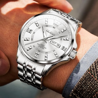 Foto 2 | Reloj Olevs Para Hombre, Acero Inoxidable Plateado, Resistente Al Agua Con Diamante - Venta Internacional.