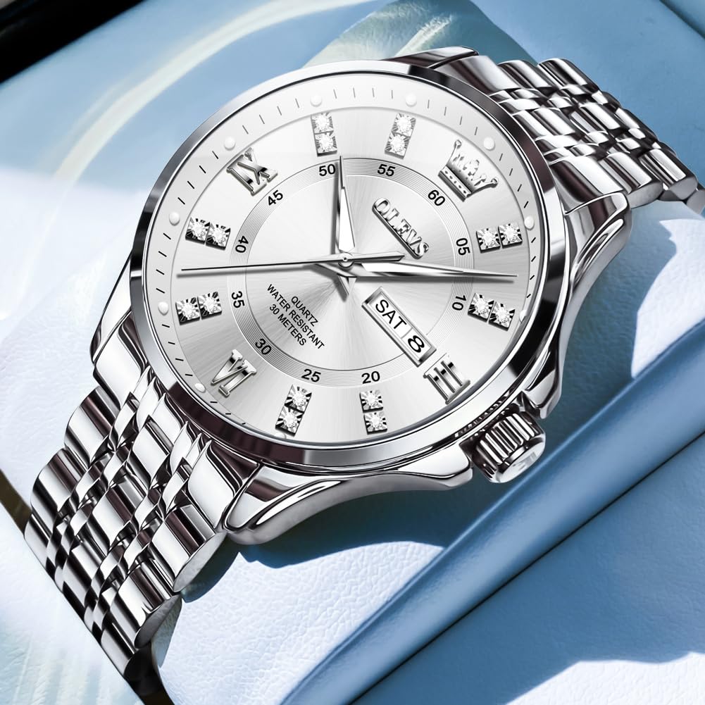 Foto 4 pulgar | Reloj Olevs Para Hombre, Acero Inoxidable Plateado, Resistente Al Agua Con Diamante - Venta Internacional.