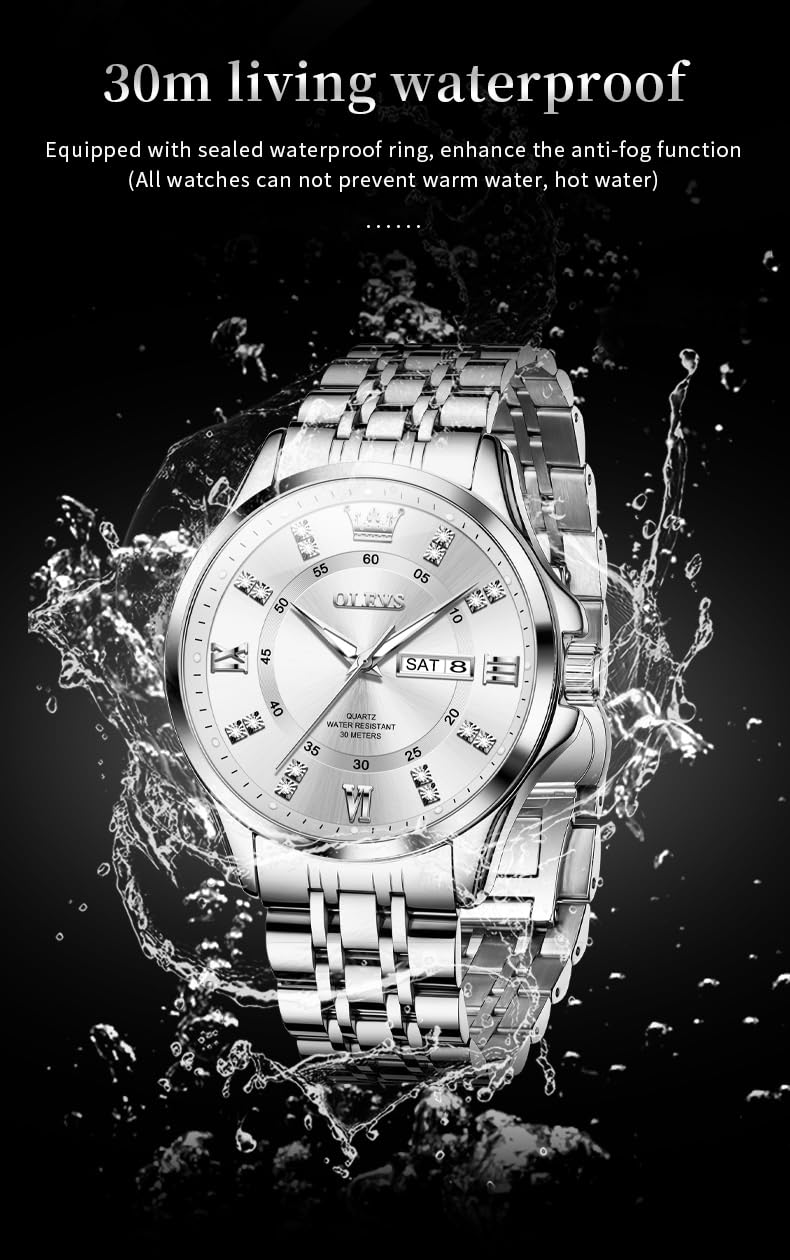 Foto 5 pulgar | Reloj Olevs Para Hombre, Acero Inoxidable Plateado, Resistente Al Agua Con Diamante - Venta Internacional.