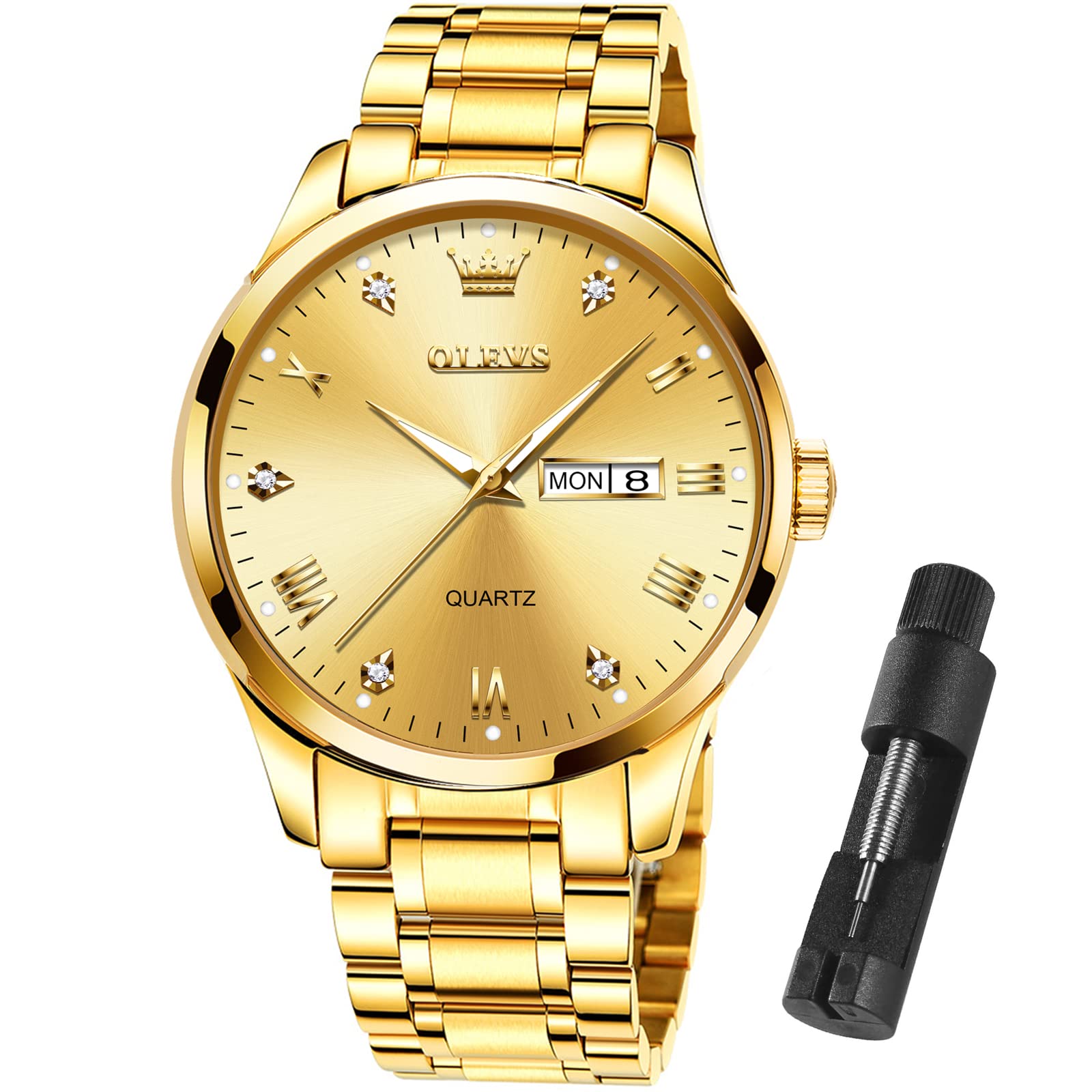 Reloj Olevs Para Hombre De Acero Inoxidable Dorado Con Fecha Y Día A Prueba De Agua - Venta Internacional.