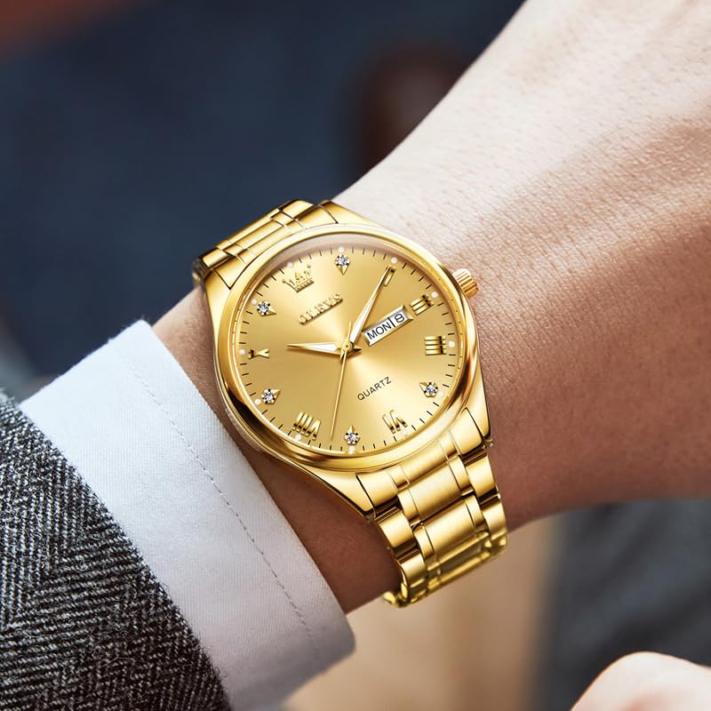 Foto 2 | Reloj Olevs Para Hombre De Acero Inoxidable Dorado Con Fecha Y Día A Prueba De Agua - Venta Internacional.
