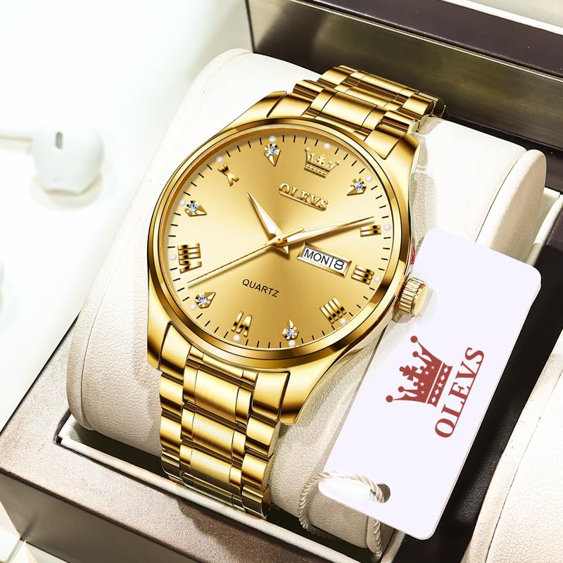 Foto 4 | Reloj Olevs Para Hombre De Acero Inoxidable Dorado Con Fecha Y Día A Prueba De Agua - Venta Internacional.
