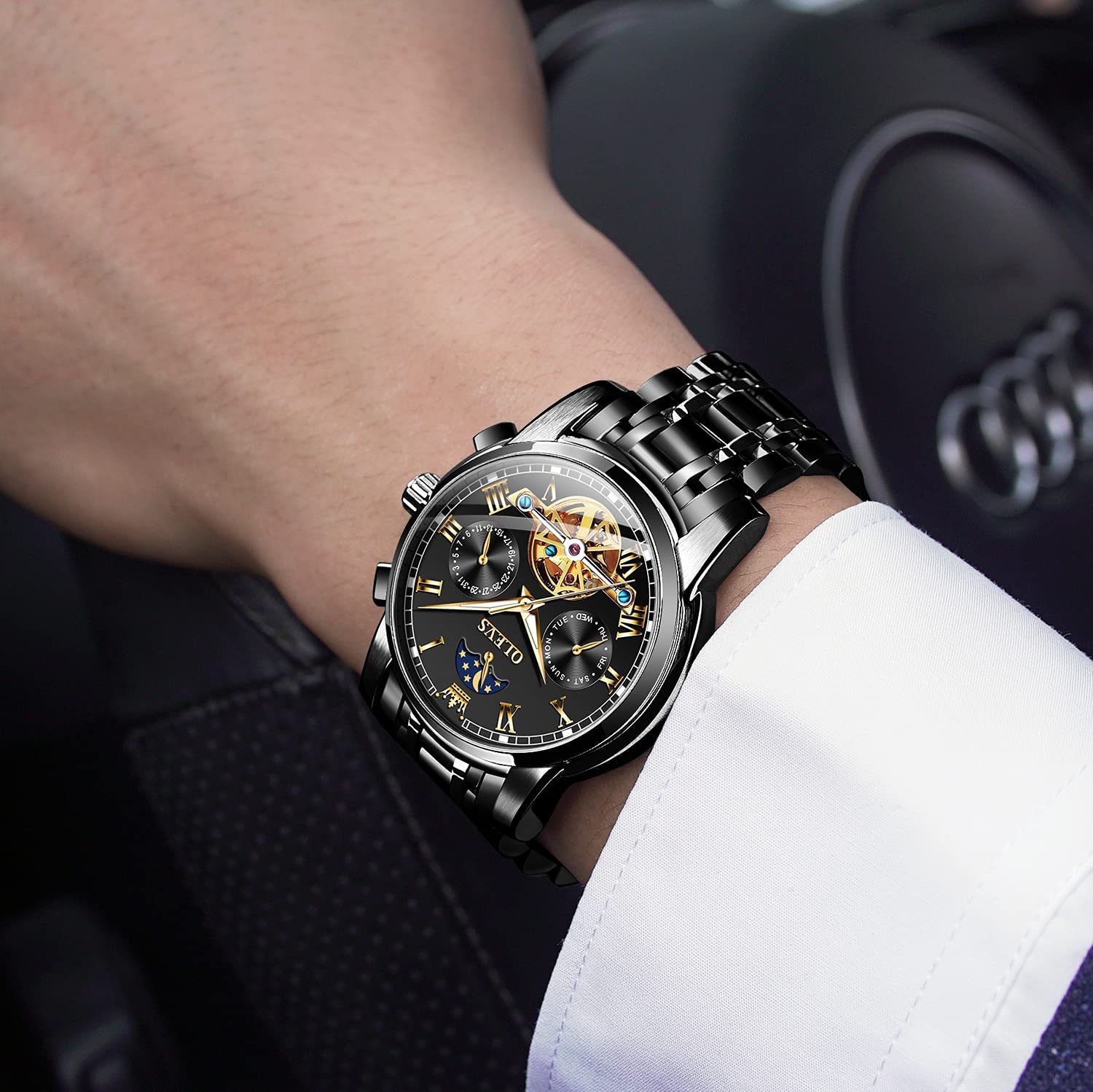 Foto 3 pulgar | Reloj Olevs Black Automatic Moon Phase Moon Phase Para Hombre - Venta Internacional.