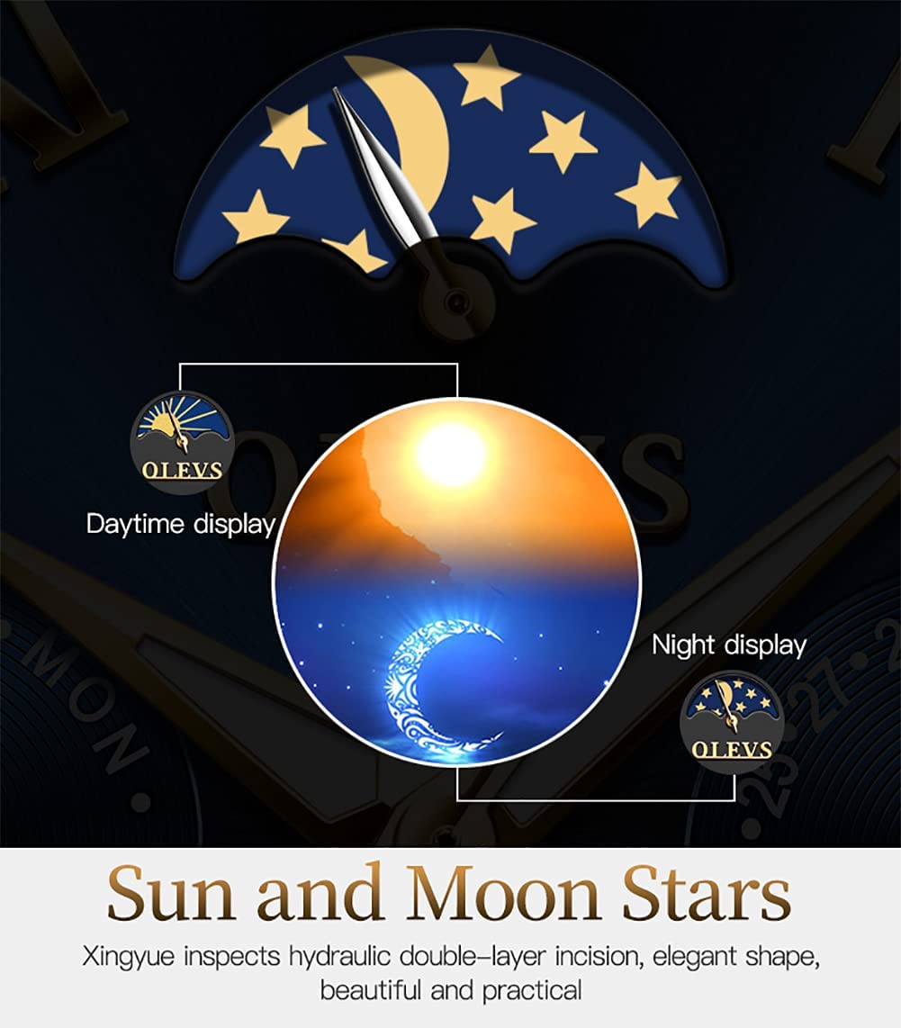 Foto 6 pulgar | Reloj Olevs Black Automatic Moon Phase Moon Phase Para Hombre - Venta Internacional.