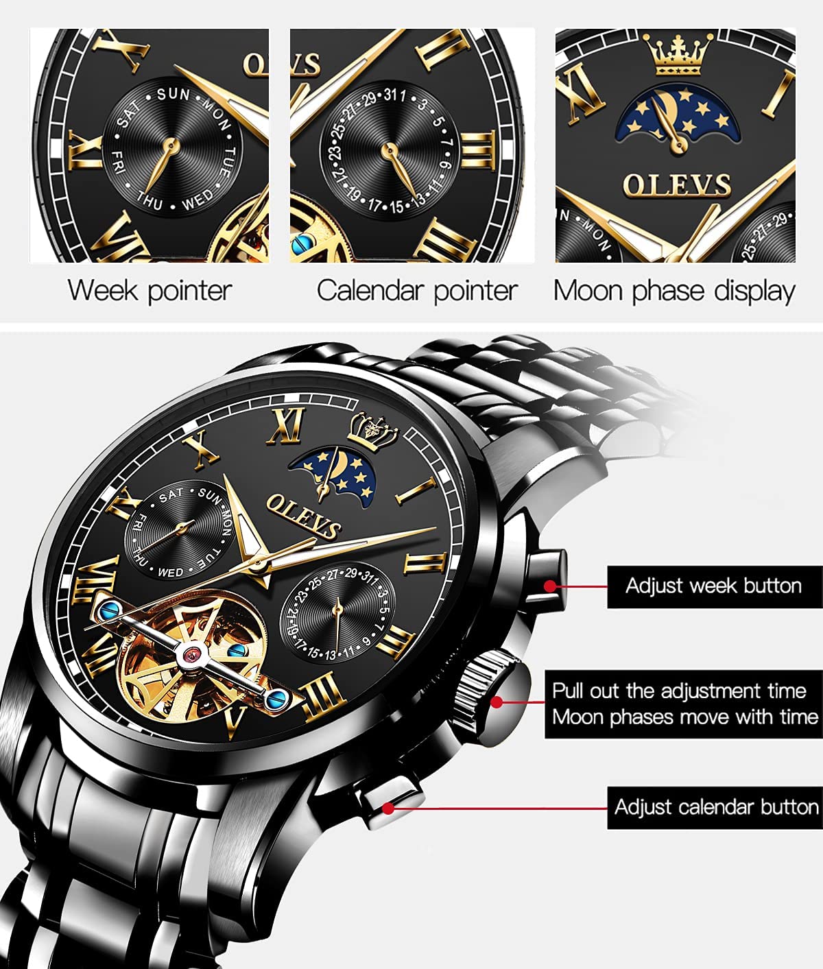 Foto 7 pulgar | Reloj Olevs Black Automatic Moon Phase Moon Phase Para Hombre - Venta Internacional.