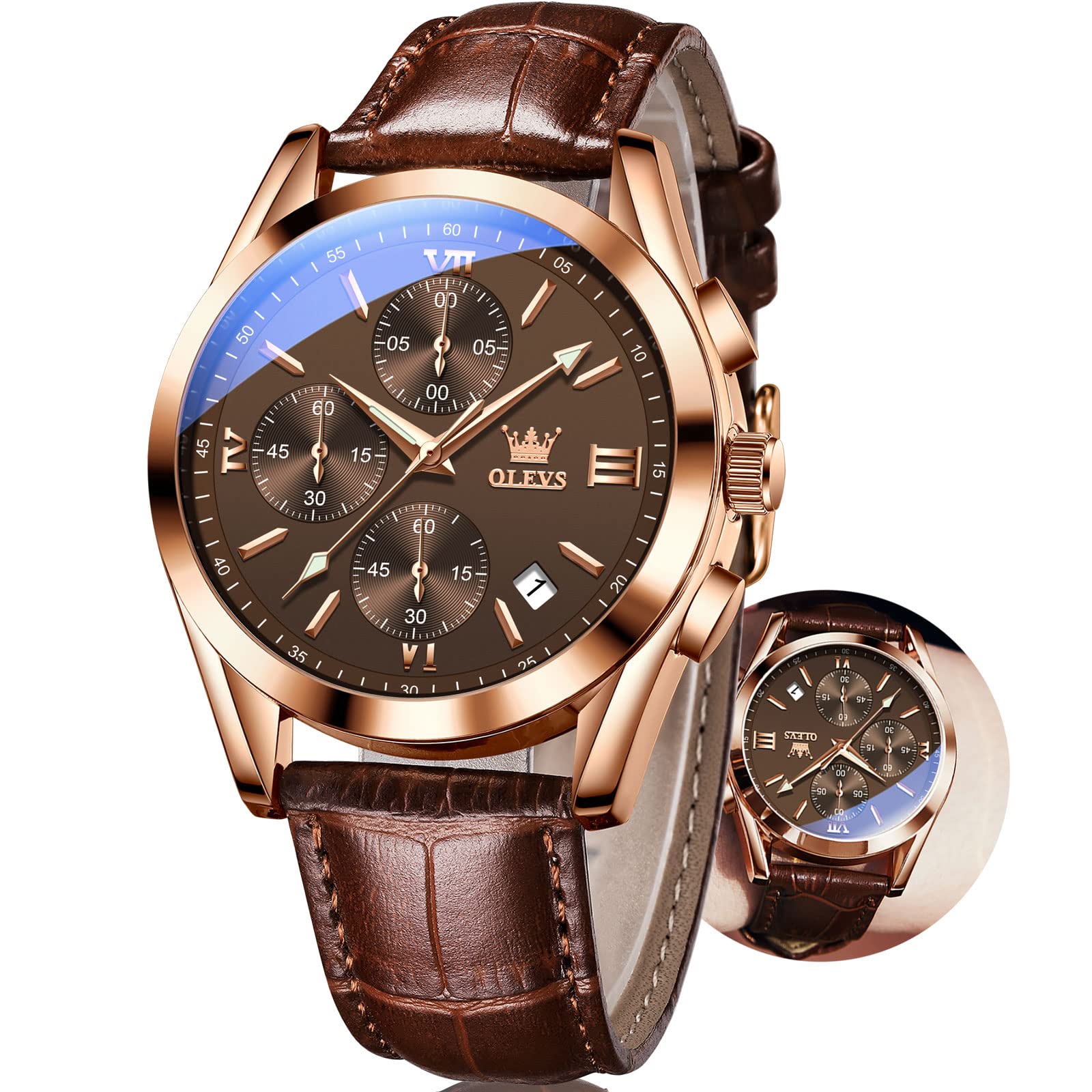 Foto 1 | Reloj Cronógrafo Olevs Casual Con Correa De Cuero Marrón Para Hombre - Venta Internacional.
