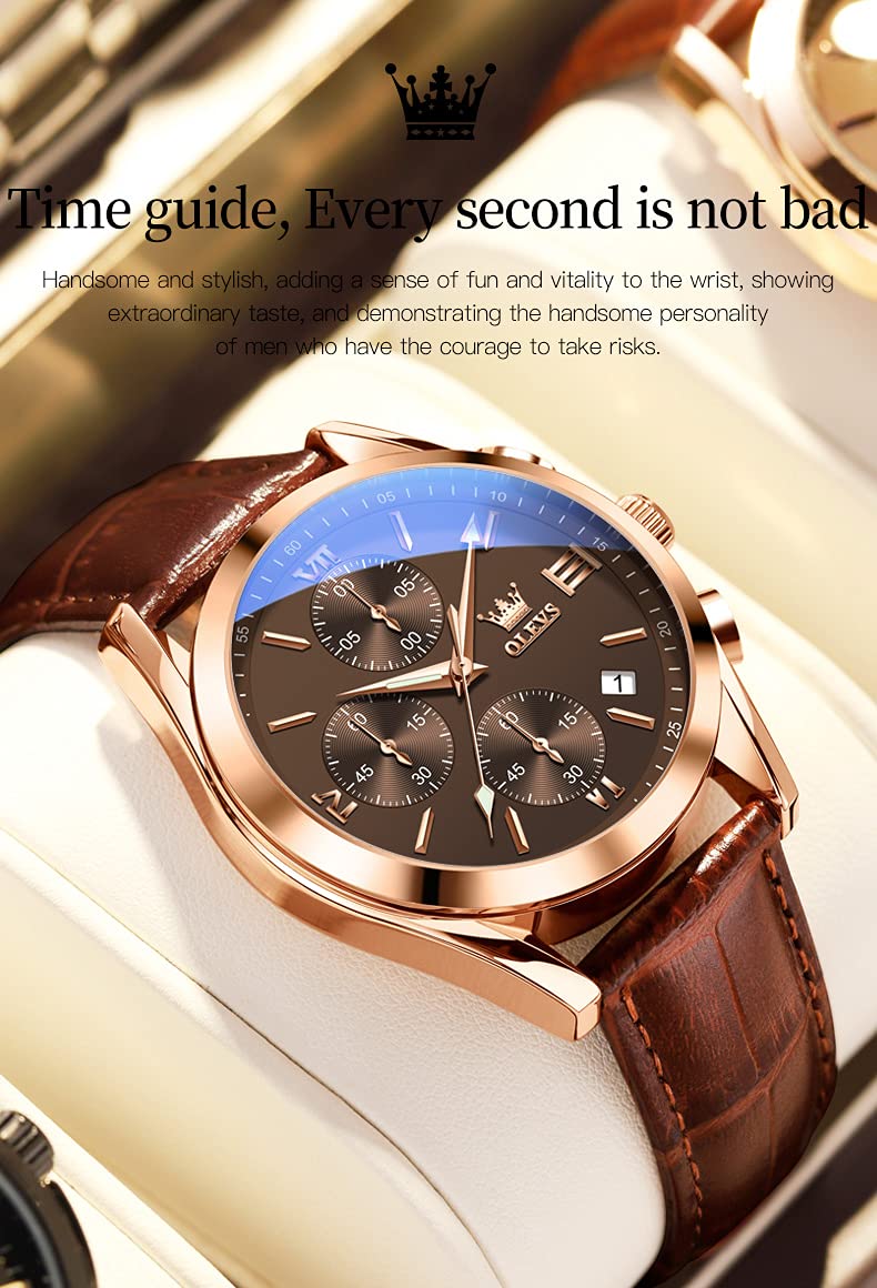 Foto 3 | Reloj Cronógrafo Olevs Casual Con Correa De Cuero Marrón Para Hombre - Venta Internacional.