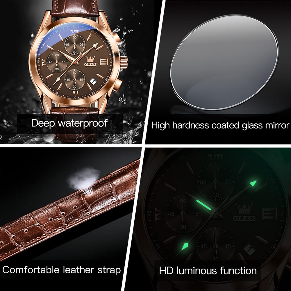 Foto 4 | Reloj Cronógrafo Olevs Casual Con Correa De Cuero Marrón Para Hombre - Venta Internacional.