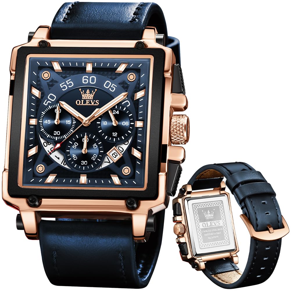 Reloj Cronógrafo Olevs Con Correa De Piel Cuadrada Azul Para Hombre - Venta Internacional.