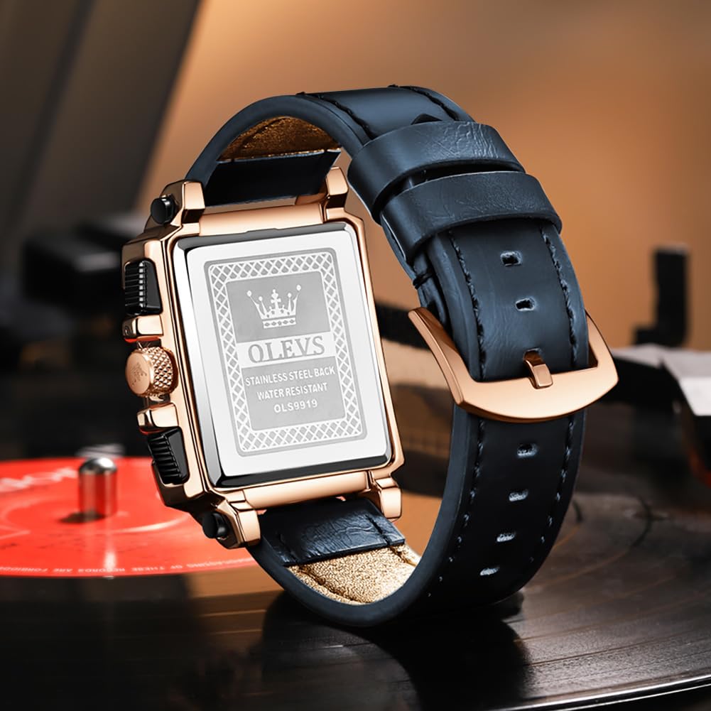 Foto 3 pulgar | Reloj Cronógrafo Olevs Con Correa De Piel Cuadrada Azul Para Hombre - Venta Internacional.