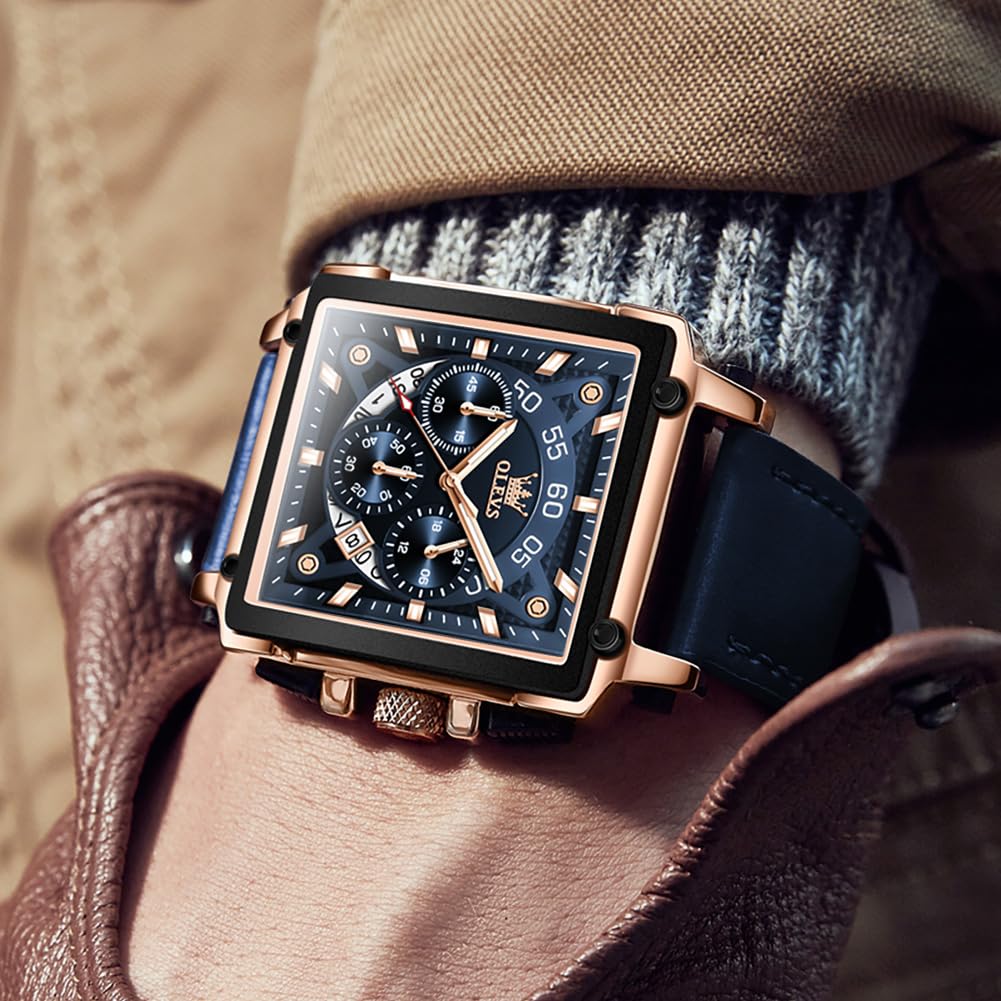 Foto 4 pulgar | Reloj Cronógrafo Olevs Con Correa De Piel Cuadrada Azul Para Hombre - Venta Internacional.