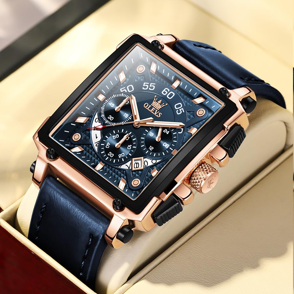 Foto 5 pulgar | Reloj Cronógrafo Olevs Con Correa De Piel Cuadrada Azul Para Hombre - Venta Internacional.