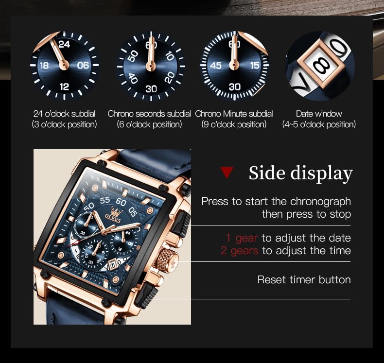 Foto 6 pulgar | Reloj Cronógrafo Olevs Con Correa De Piel Cuadrada Azul Para Hombre - Venta Internacional.