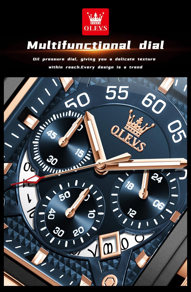 Foto 8 pulgar | Reloj Cronógrafo Olevs Con Correa De Piel Cuadrada Azul Para Hombre - Venta Internacional.