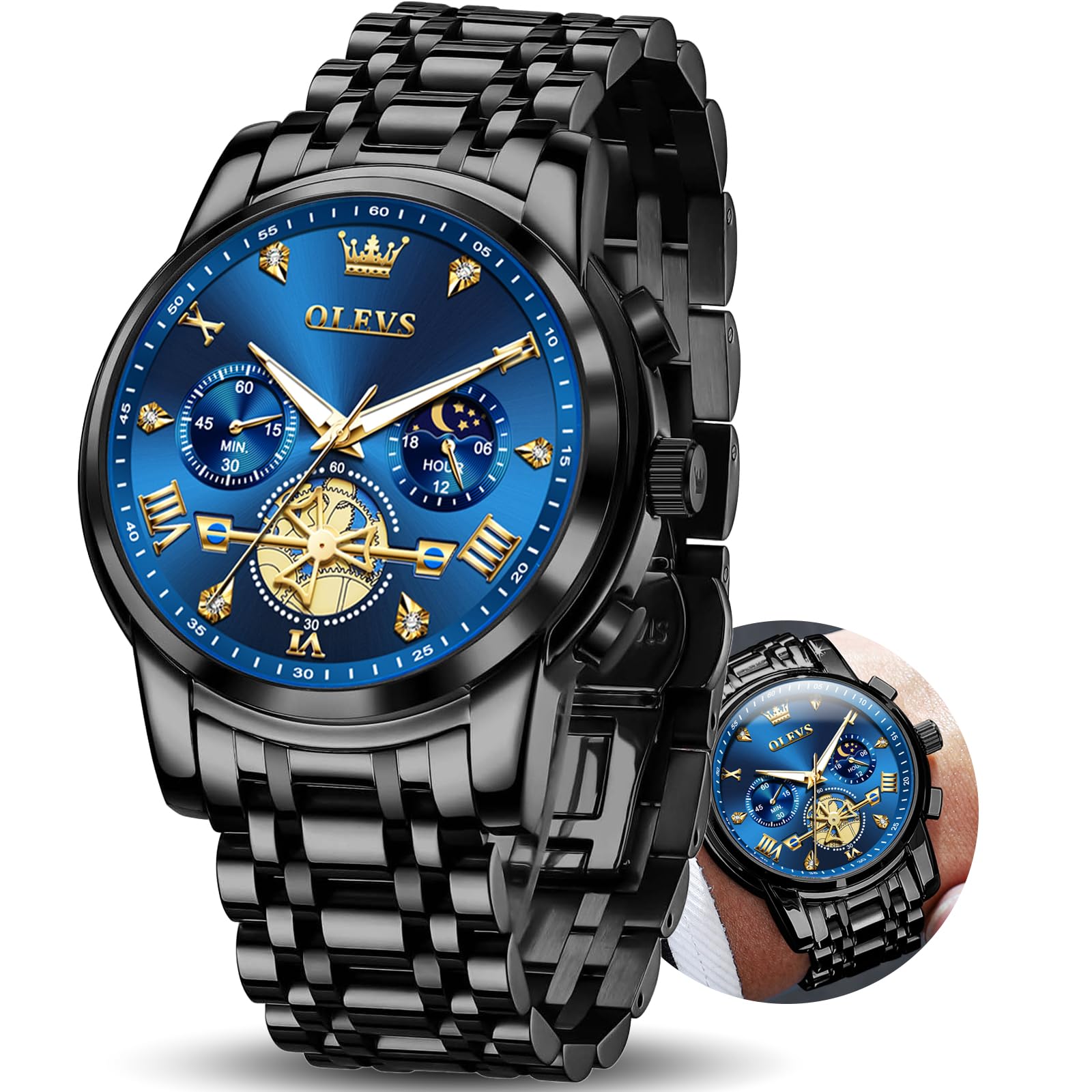 Foto 1 | Reloj Olevs Cronógrafo Negro De Acero Inoxidable Resistente Al Agua - Venta Internacional.