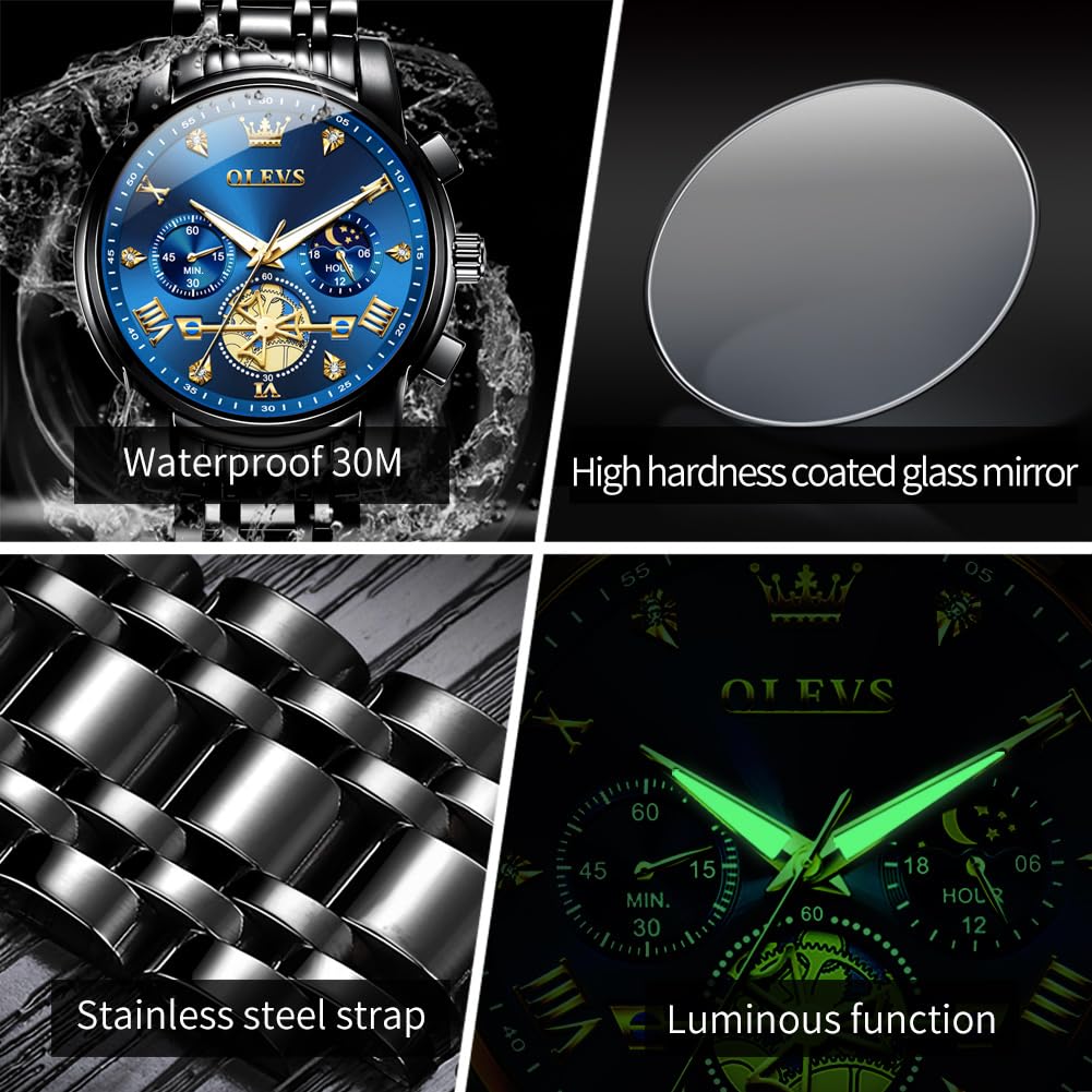 Foto 5 | Reloj Olevs Cronógrafo Negro De Acero Inoxidable Resistente Al Agua - Venta Internacional.