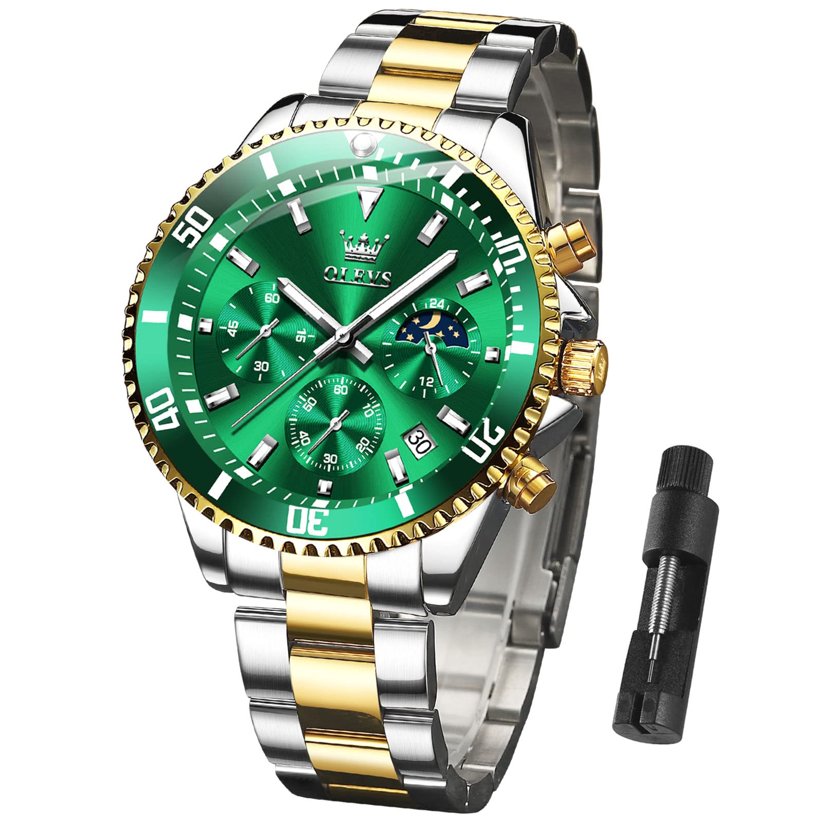 Foto 1 | Reloj Olevs Para Hombre, Redondo, De Cuarzo, Esfera Verde, 42,5 Mm - Venta Internacional.