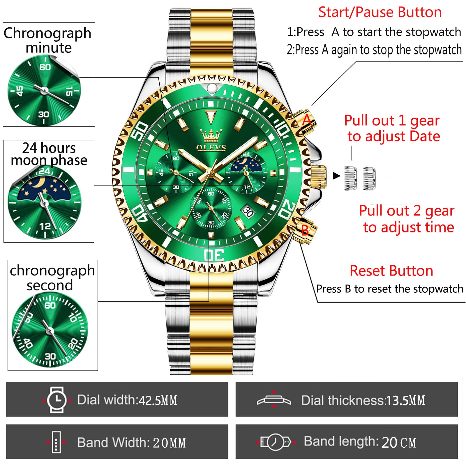 Foto 6 | Reloj Olevs Para Hombre, Redondo, De Cuarzo, Esfera Verde, 42,5 Mm - Venta Internacional.