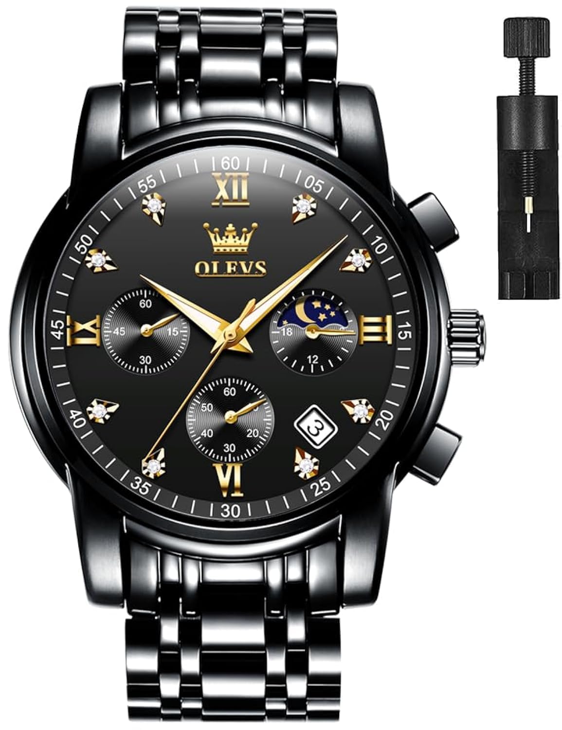 Reloj Olevs Black Moon Phase de Acero Inoxidable para Hombre - Venta Internacional