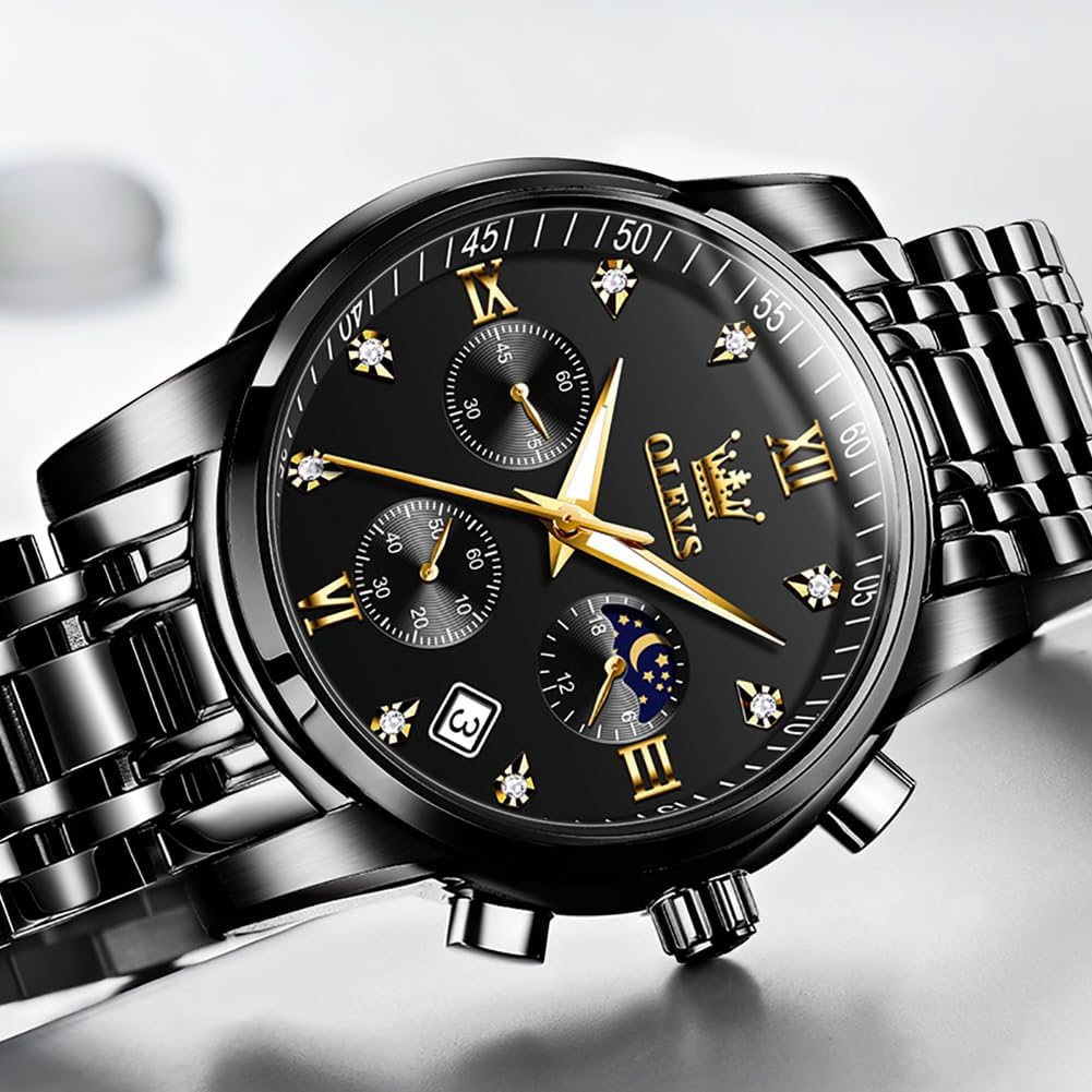 Foto 3 pulgar | Reloj Olevs Black Moon Phase de Acero Inoxidable para Hombre - Venta Internacional