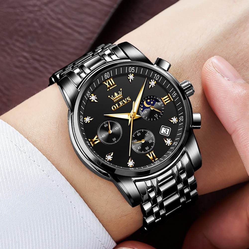 Foto 5 pulgar | Reloj Olevs Black Moon Phase de Acero Inoxidable para Hombre - Venta Internacional
