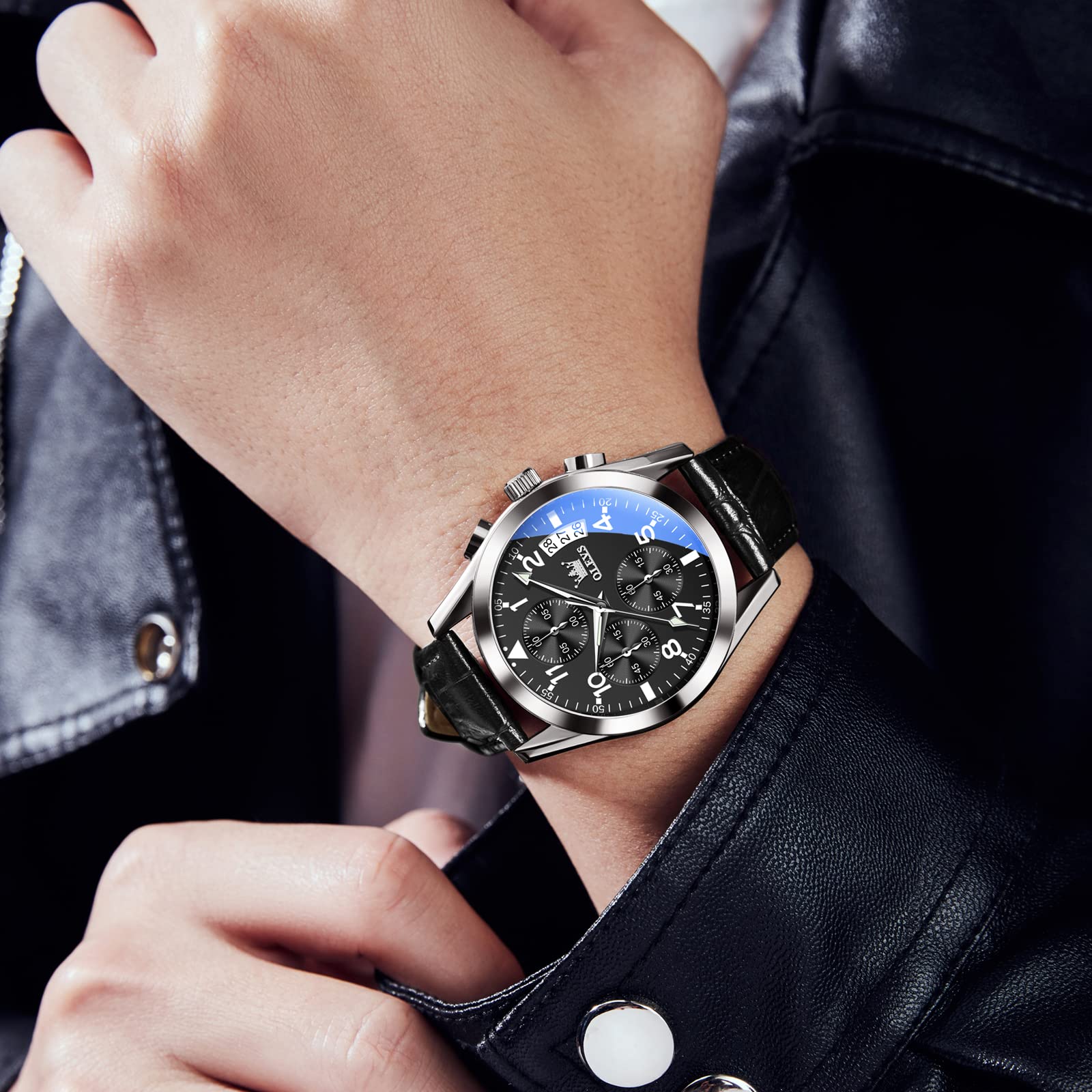 Foto 3 pulgar | Reloj Olevs para Hombre Correa de Cuero Esfera Negra - Venta Internacional