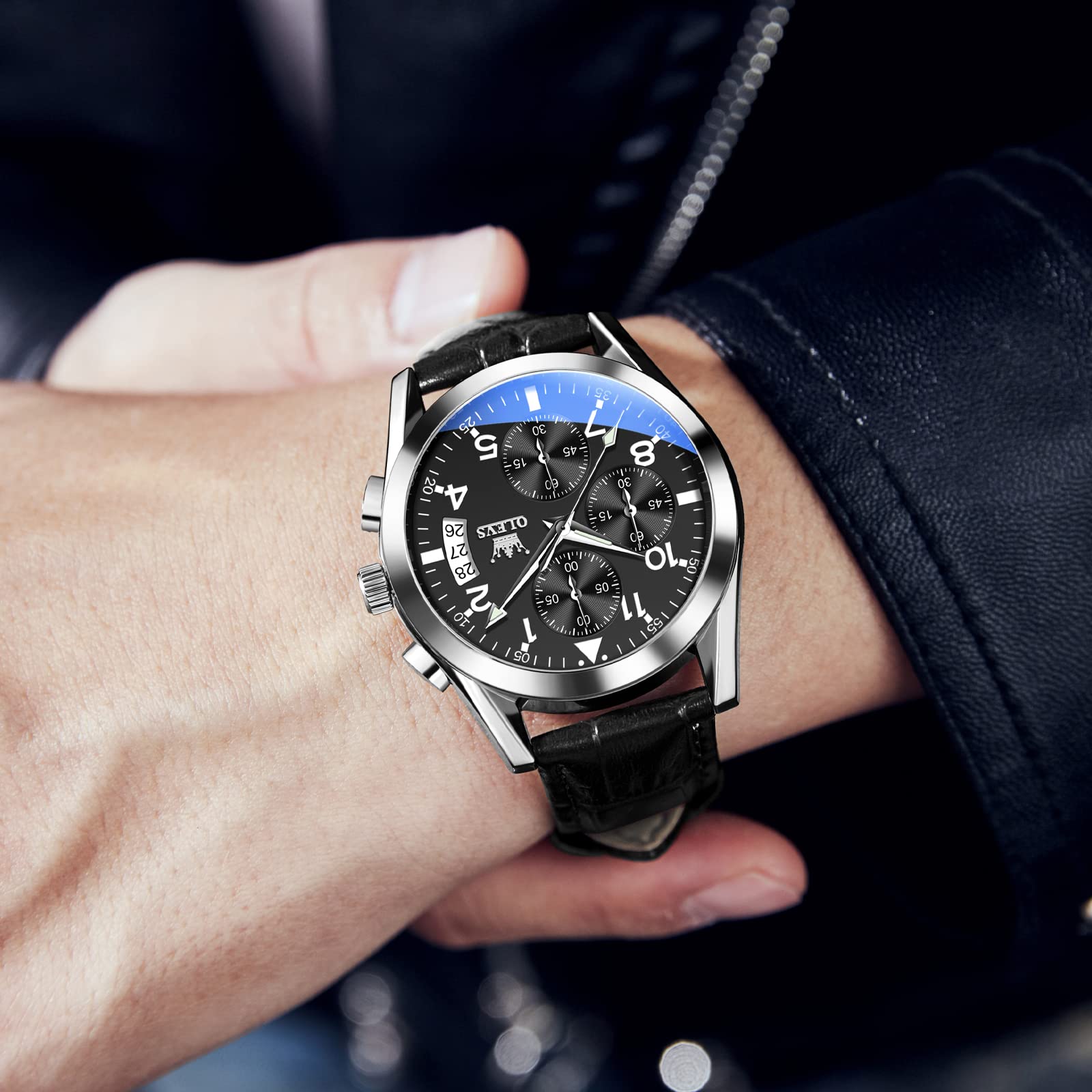 Foto 4 pulgar | Reloj Olevs para Hombre Correa de Cuero Esfera Negra - Venta Internacional