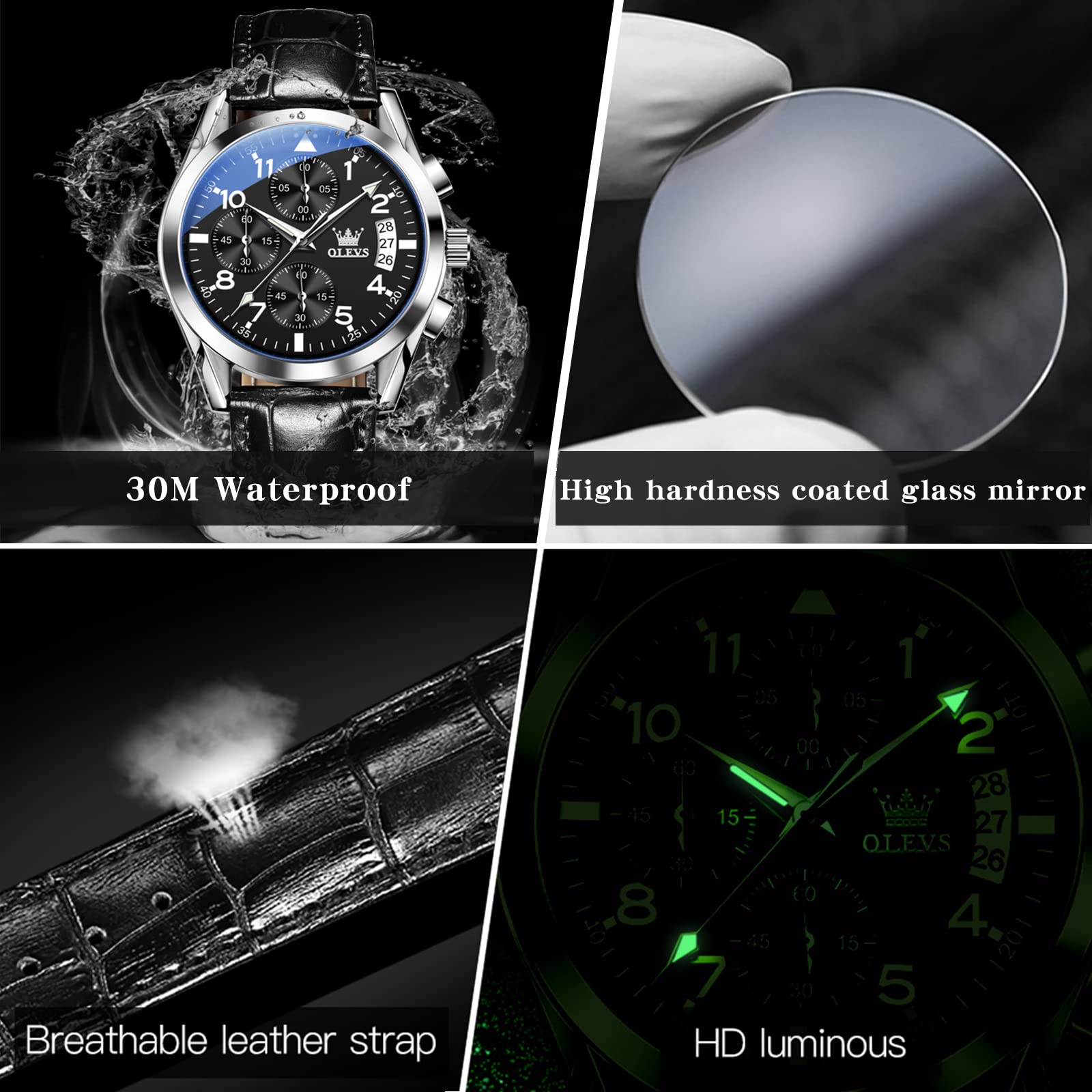 Foto 5 pulgar | Reloj Olevs para Hombre Correa de Cuero Esfera Negra - Venta Internacional