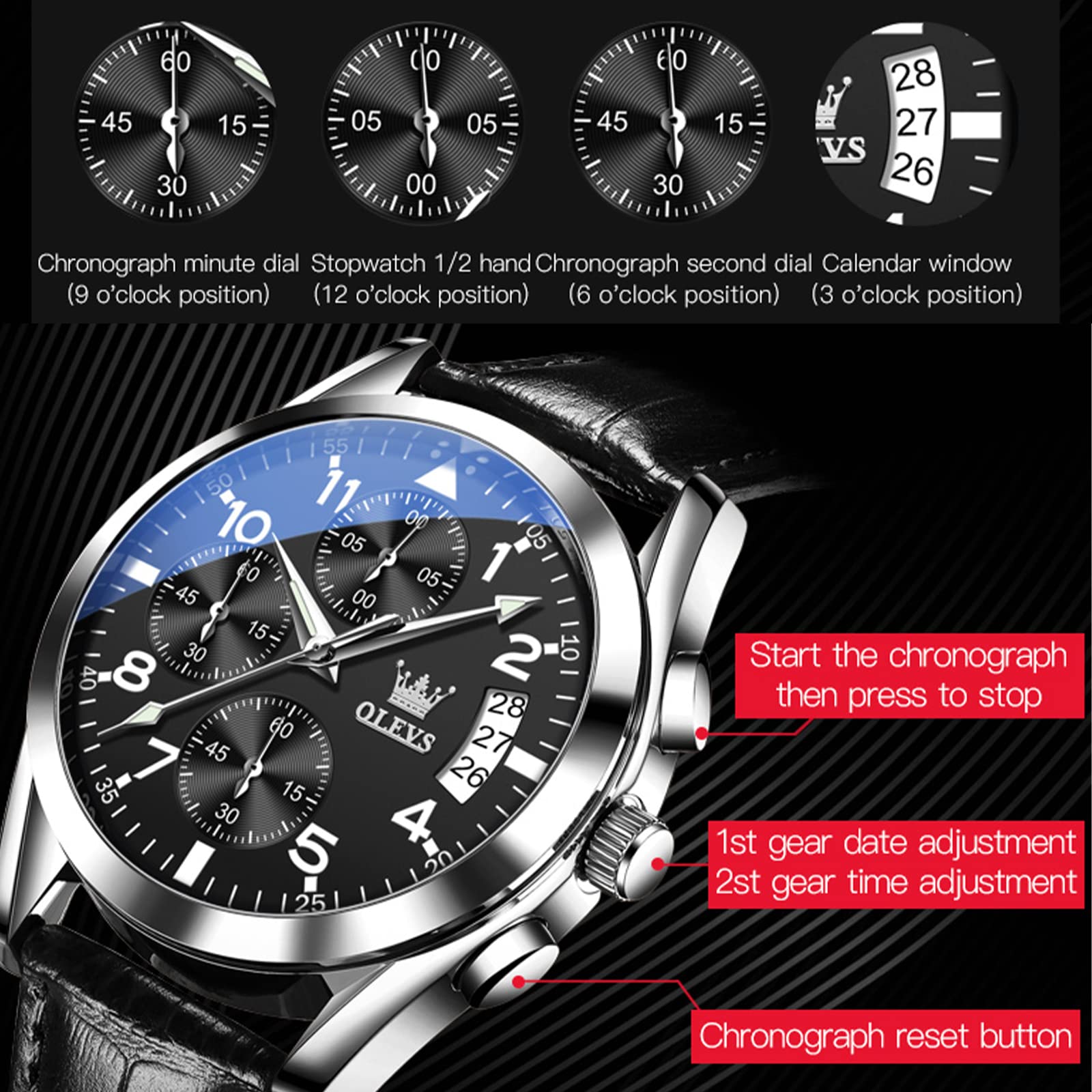Foto 6 pulgar | Reloj Olevs para Hombre Correa de Cuero Esfera Negra - Venta Internacional