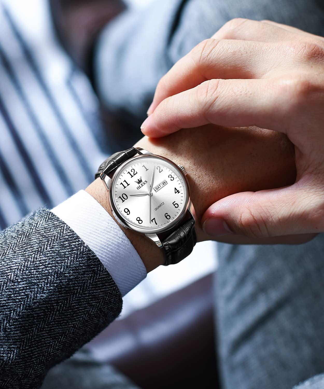 Foto 3 pulgar | Reloj Olevs para Hombre Piel Negra Plata Cara Grande Impermeable - Venta Internacional