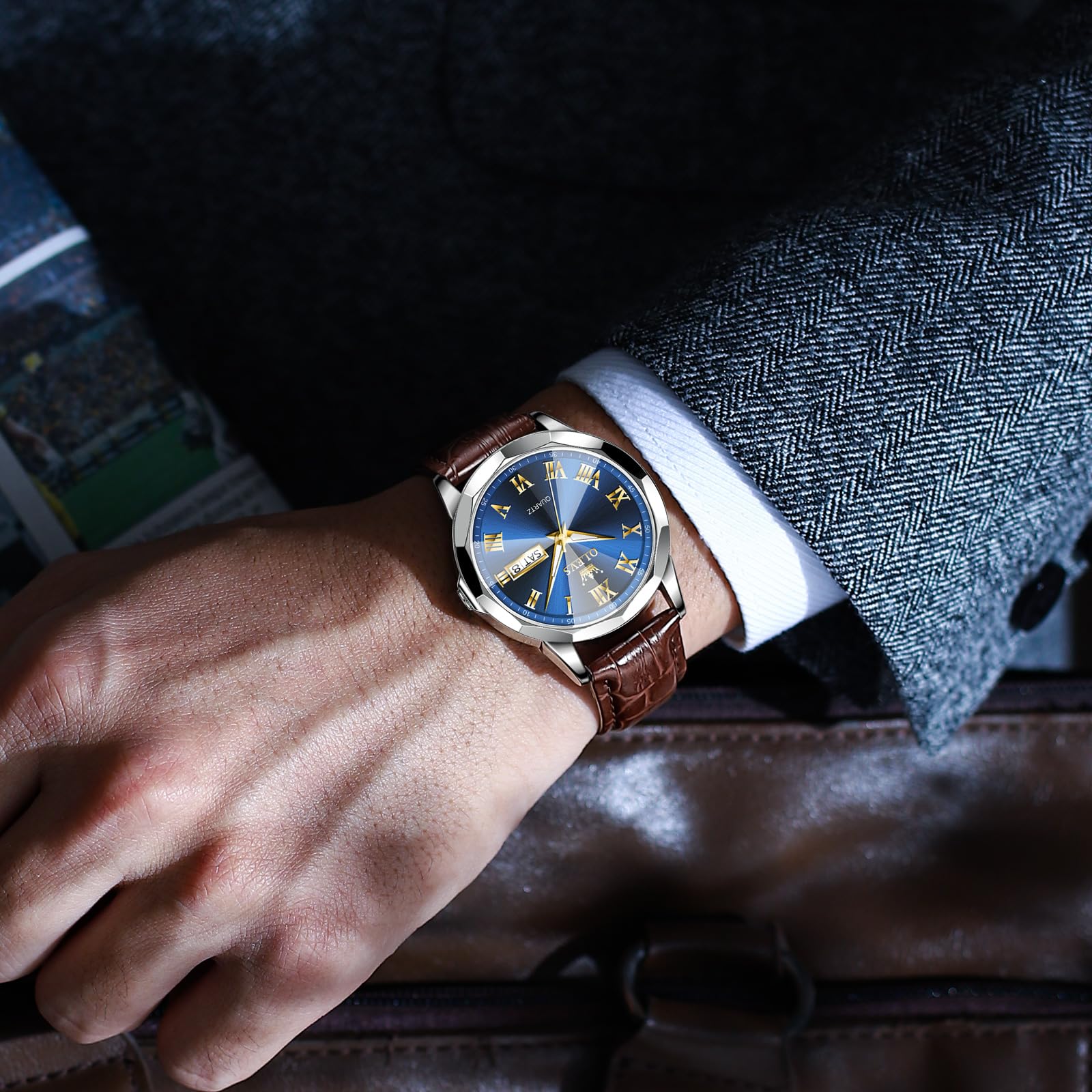 Foto 7 | Reloj Olevs de Cuero Marrón Analógico de Cuarzo Resistente al Agua para Hombre - Venta Internacional