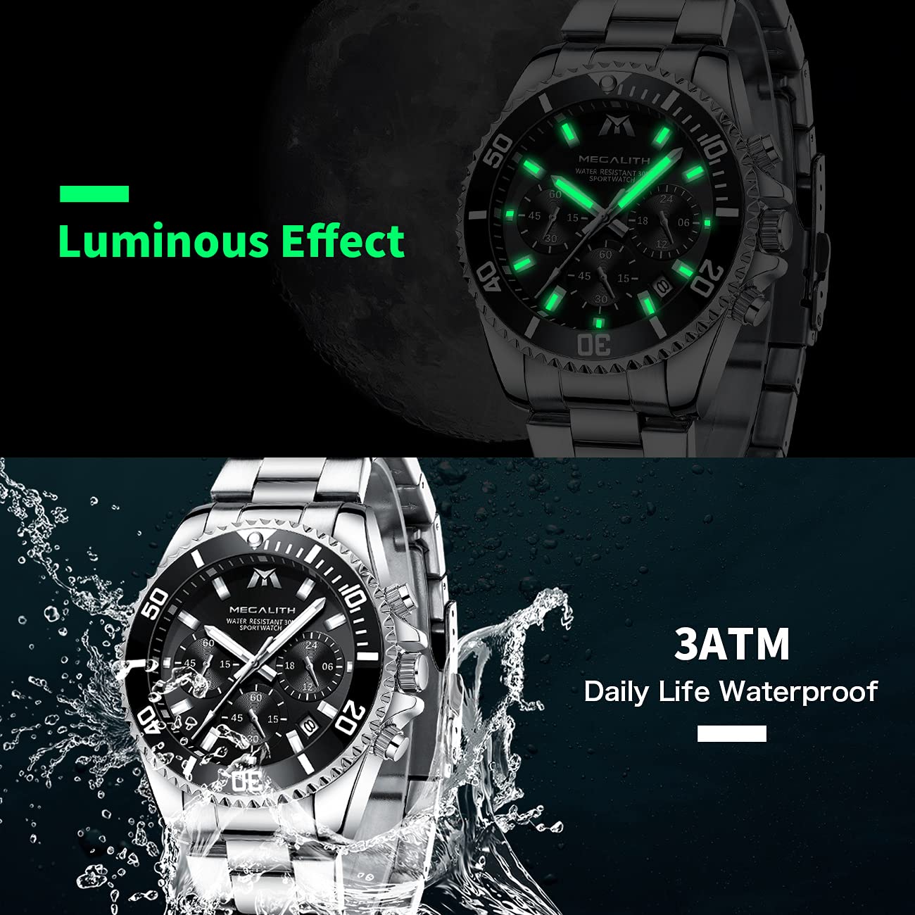 Foto 5 | Reloj Megalith con Cronógrafo Impermeable de Acero Inoxidable para Hombre - Venta Internacional